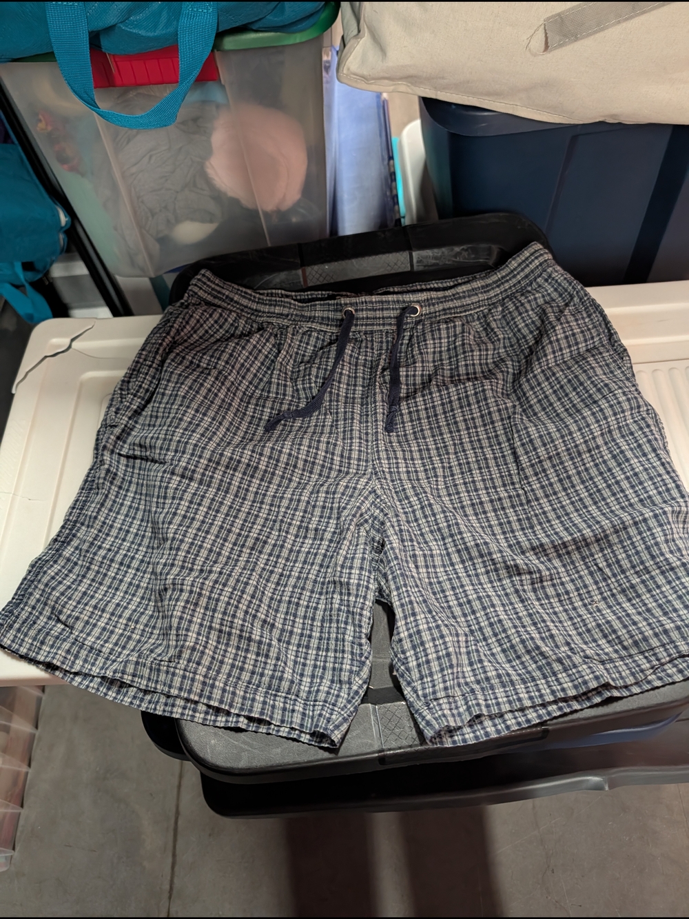 Men's Navy Plaid Athletic Drawstring Shorts